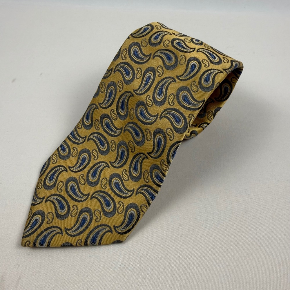 Ermenegildo Zegna Mens Silk Paisley Tie Gold Blue Grey Made in Italy Classic